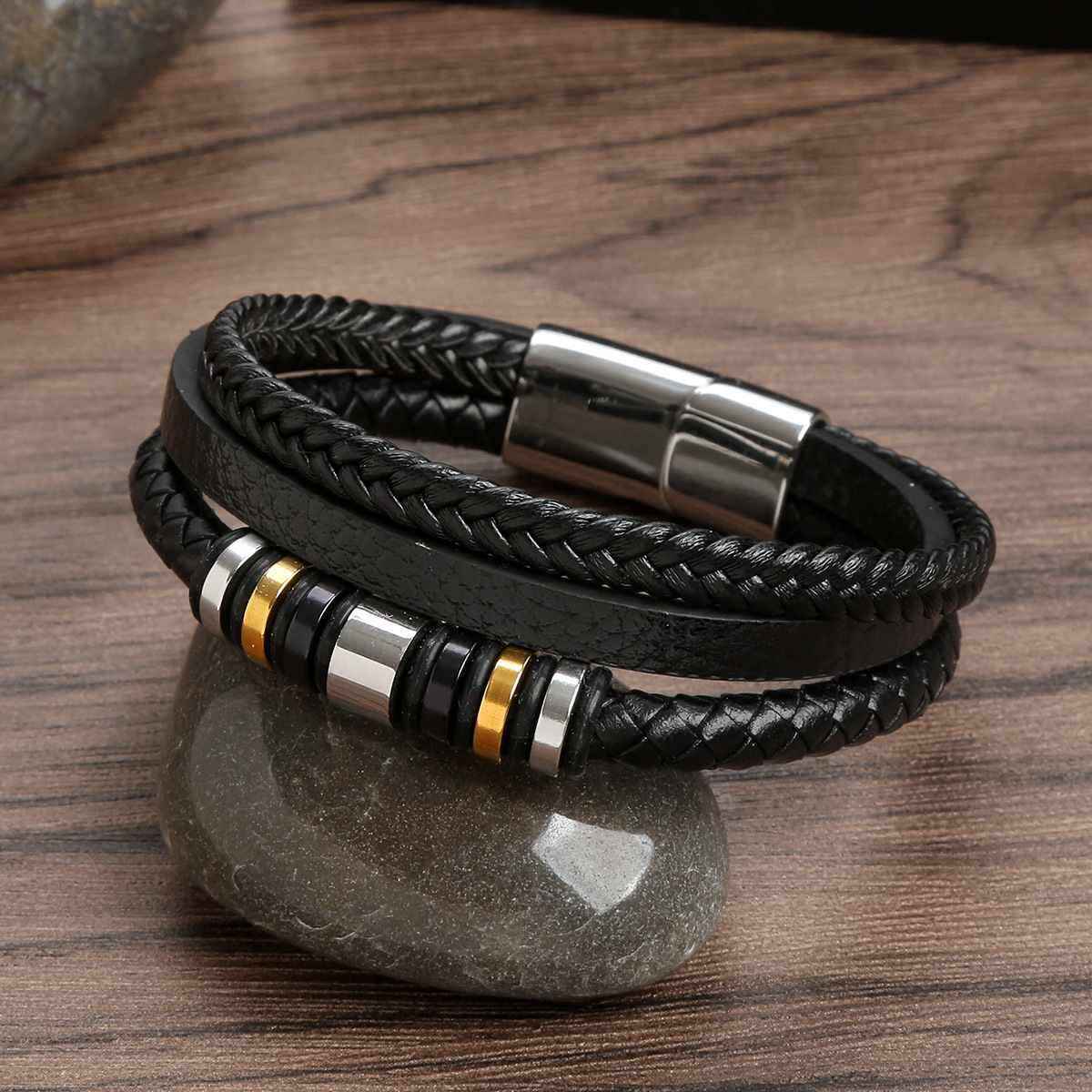 Classical Color Block Stainless Steel Pu Leather Handmade Men's Bangle display picture 4