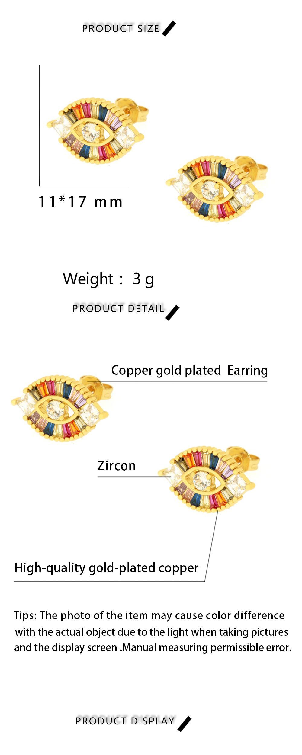 1 Pair Elegant Shiny Devil's Eye Plating Inlay Copper Zircon 18k Gold Plated Ear Studs display picture 1