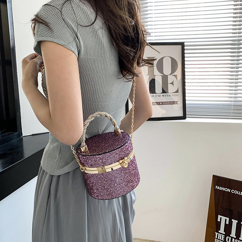 Pink Silver Black Pu Leather Solid Color Cylindrical Hot Drill Evening Bags display picture 6