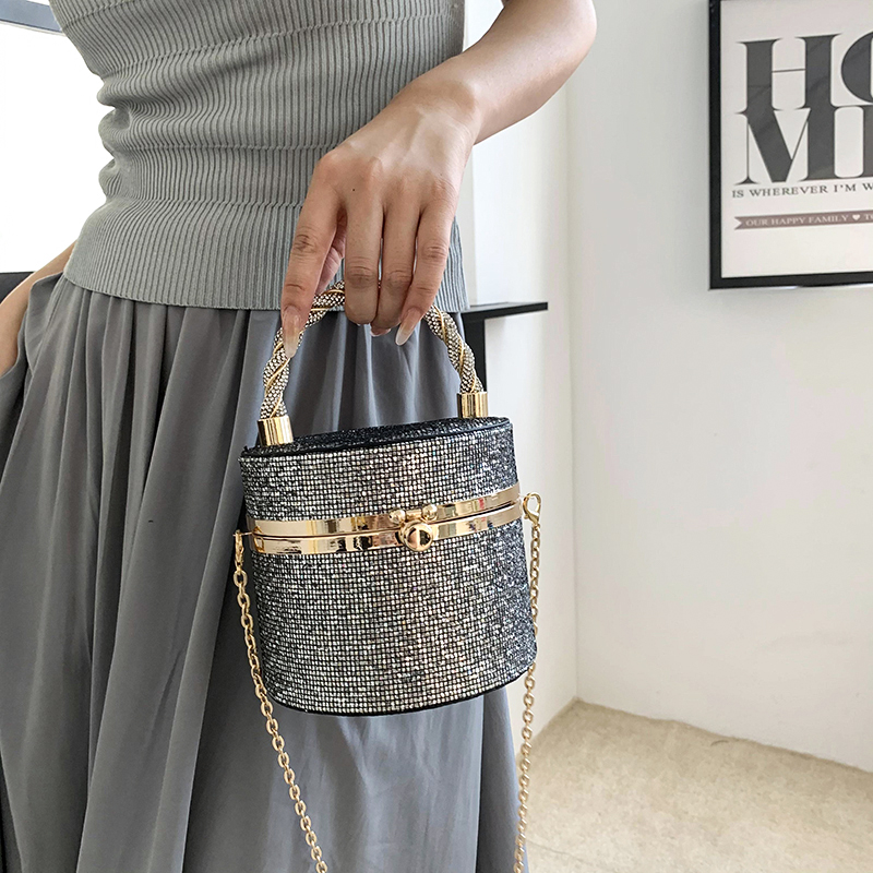 Pink Silver Black Pu Leather Solid Color Cylindrical Hot Drill Evening Bags display picture 3