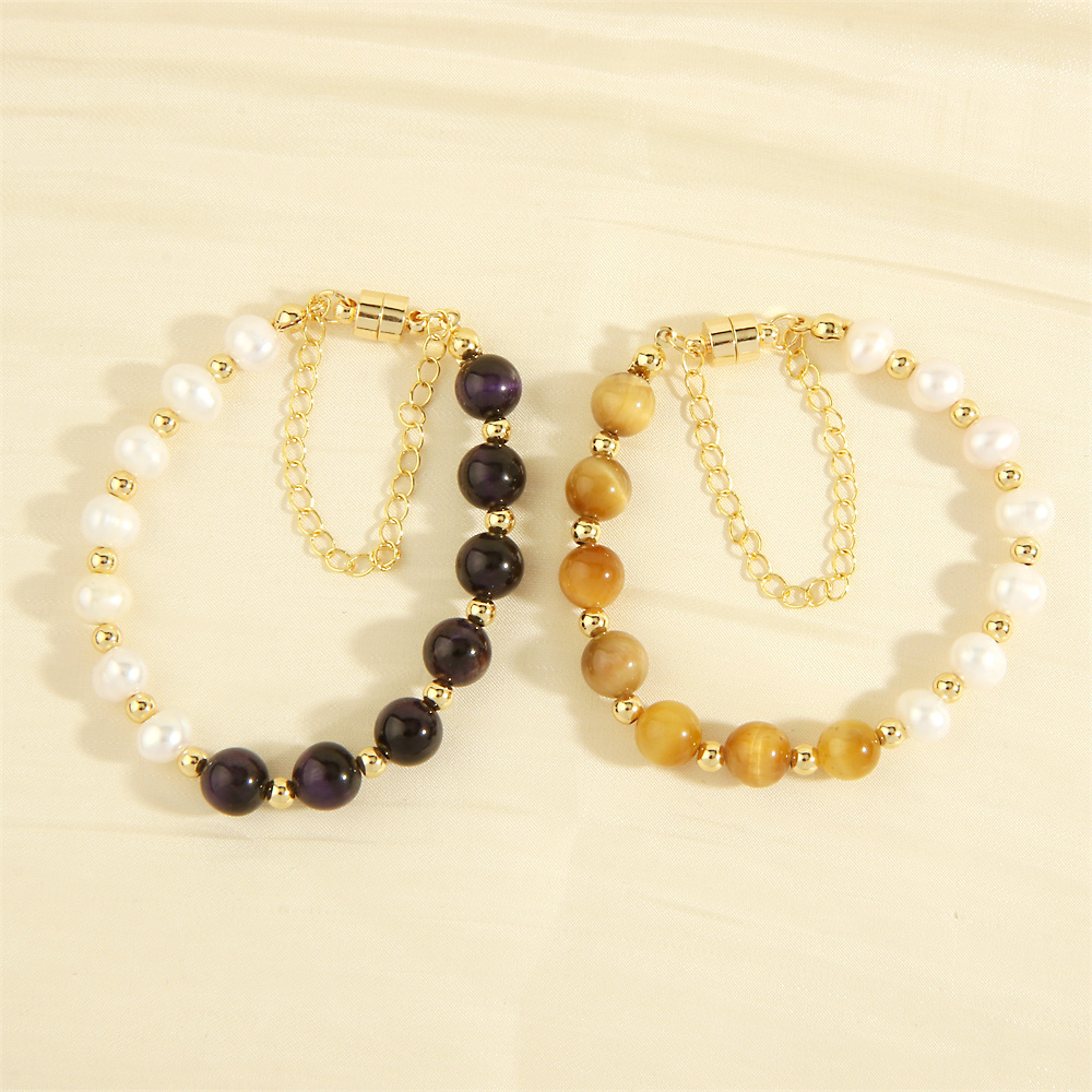 Simple Style Irregular Round Artificial Gemstones Freshwater Pearl Copper Handmade Plating 18k Gold Plated Bracelets display picture 3