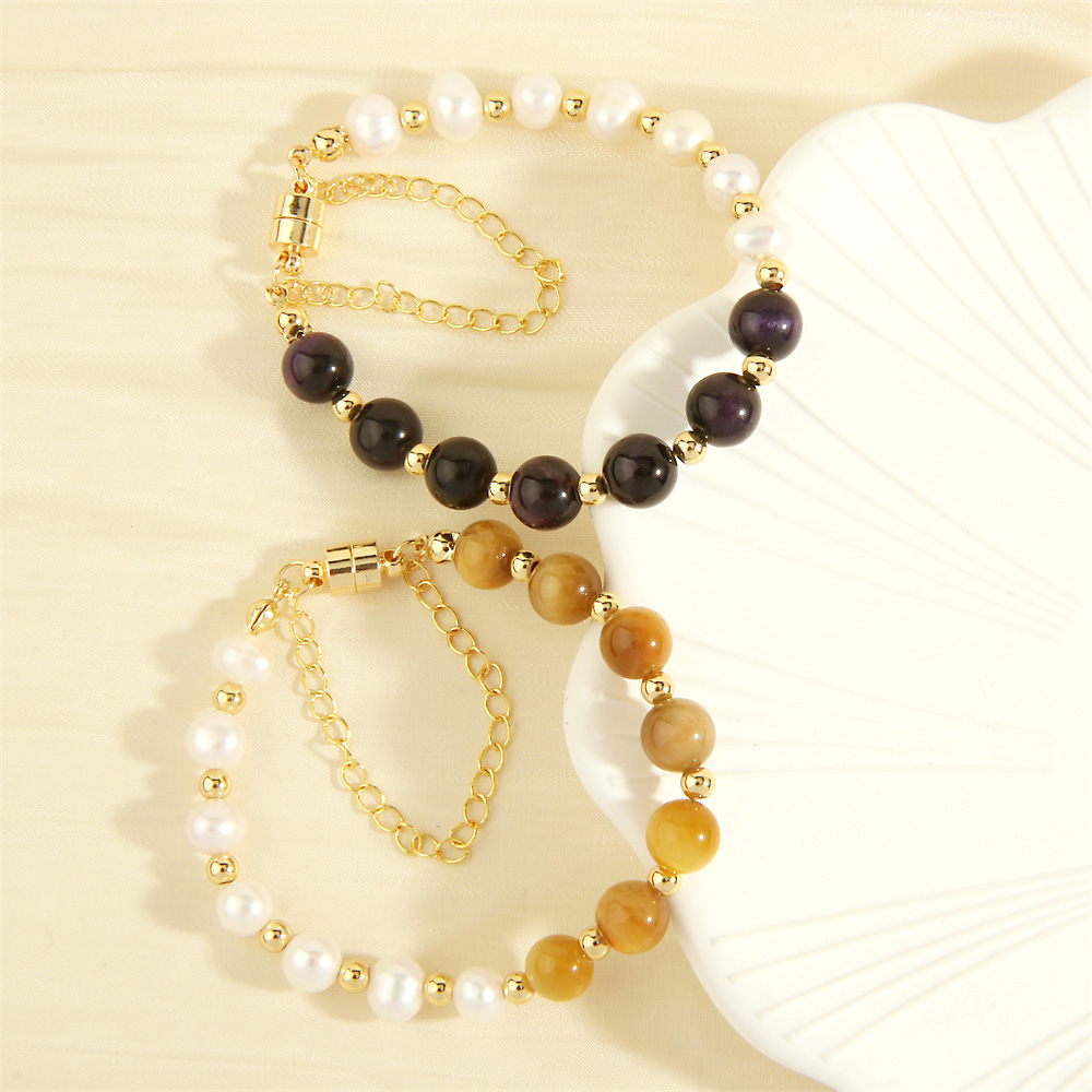 Simple Style Irregular Round Artificial Gemstones Freshwater Pearl Copper Handmade Plating 18k Gold Plated Bracelets display picture 4
