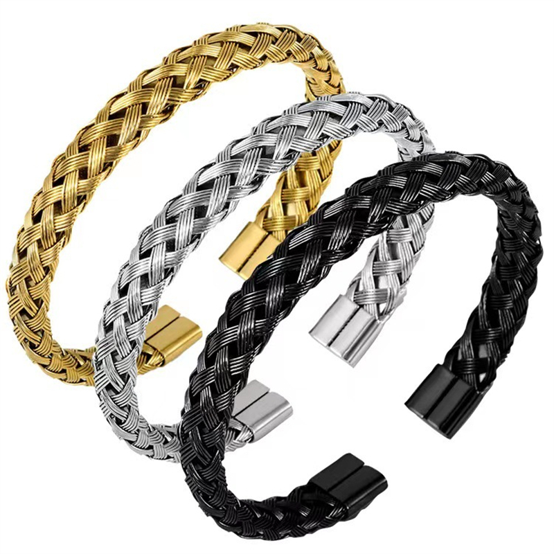 Handmade Solid Color Stripe Stainless Steel 18K Gold Plated Cuff Bracelets In Bulk display picture 9