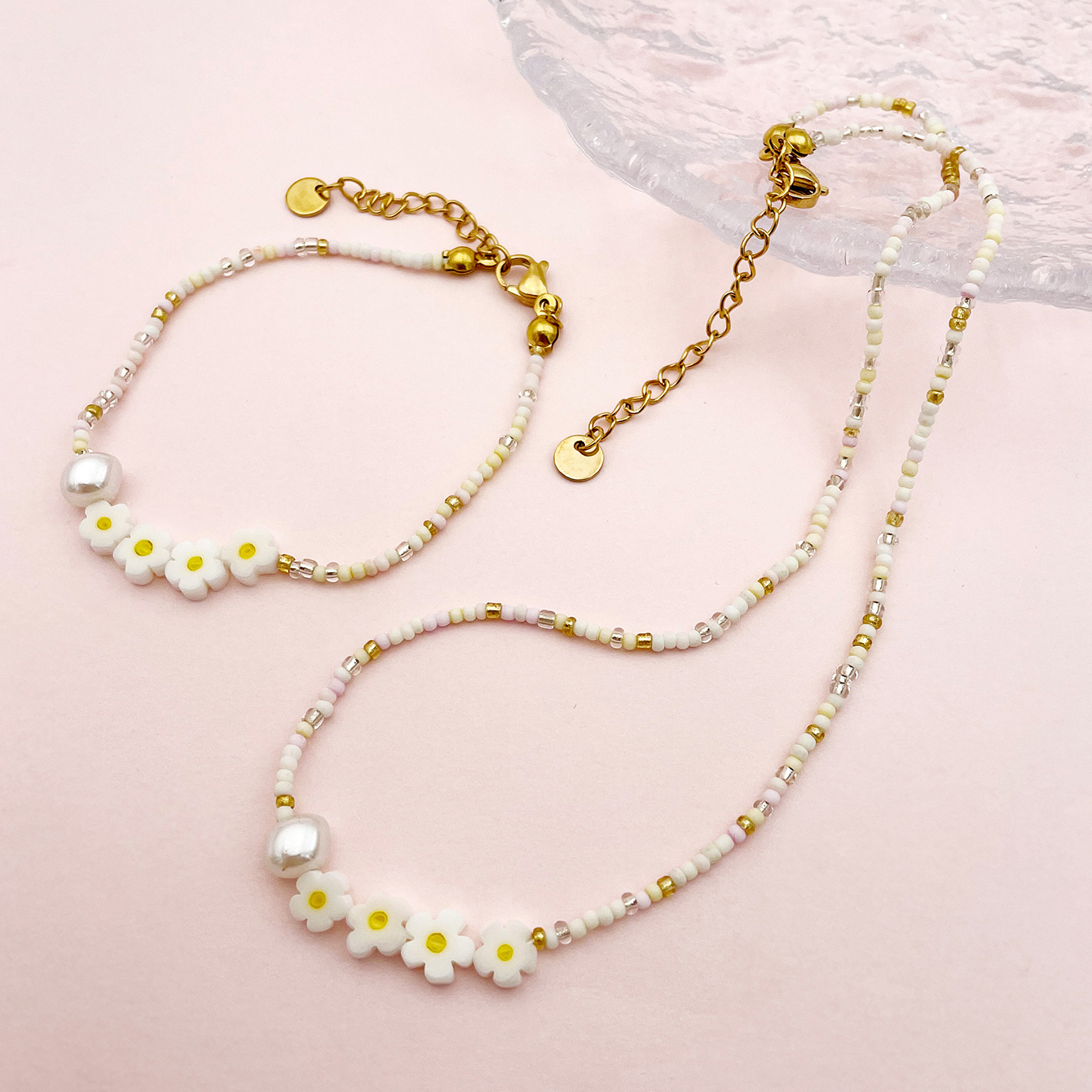 Sweet Pastoral Flower Gold Plated Crystal Pearl Beads 304 Stainless Steel Beaded Wholesale Bracelets Necklace display picture 1
