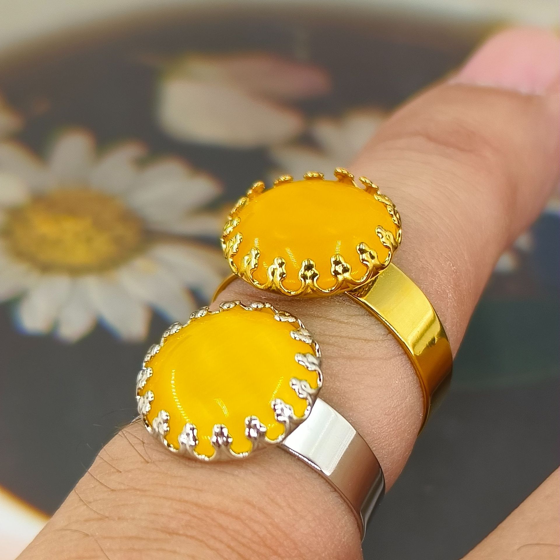 304 Stainless Steel 18K Gold Plated IG Style Plating Inlay Round Natural Stone Open Rings display picture 7