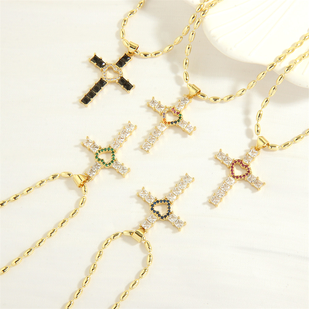 Einfacher Stil Kreuzen Herzform Kupfer 18 Karat Vergoldet Zirkon Halskette Mit Anhänger In Masse display picture 20