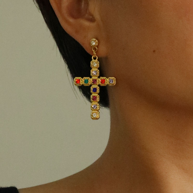 1 Pair Classic Style Cross Inlay Alloy Zircon Drop Earrings display picture 9