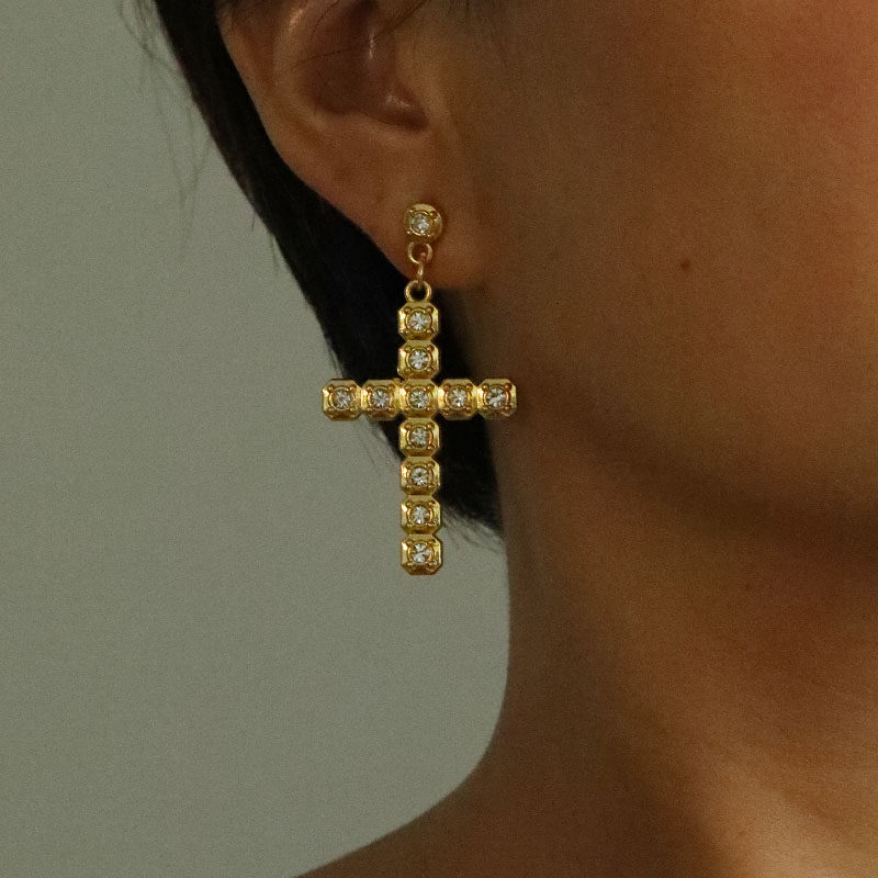 1 Pair Classic Style Cross Inlay Alloy Zircon Drop Earrings display picture 13