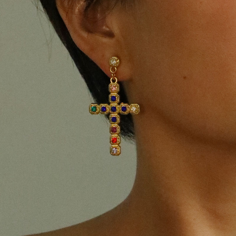 1 Pair Classic Style Cross Inlay Alloy Zircon Drop Earrings display picture 10