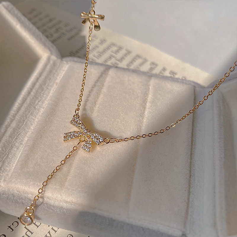 Shiny Bow Knot Titanium Steel Plating Inlay Zircon Gold Plated Necklace display picture 3