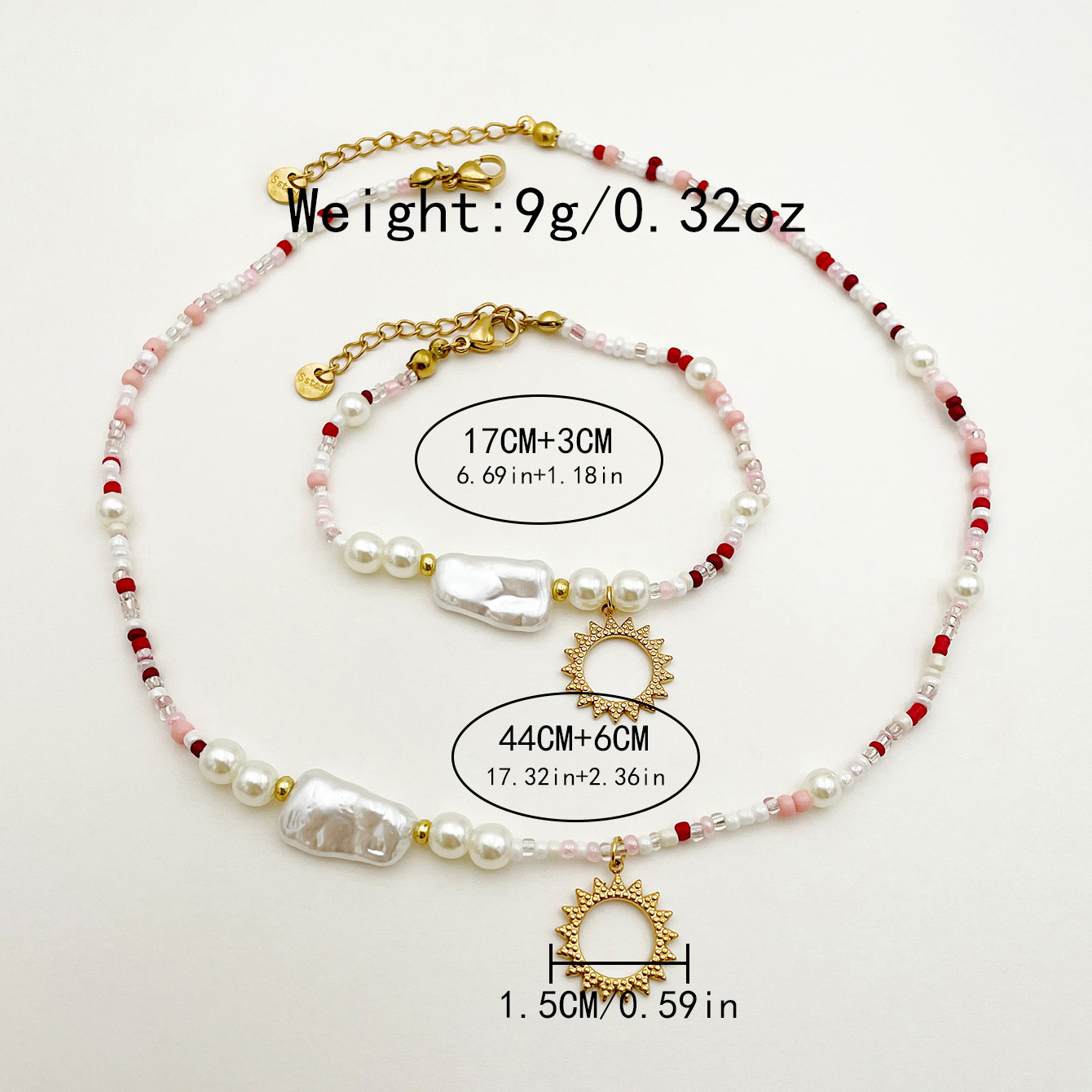 304 Stainless Steel Beaded Imitation Pearl Gold Plated Vintage Style Roman Style Beaded Plating Sun Beads Bracelets Necklace display picture 3