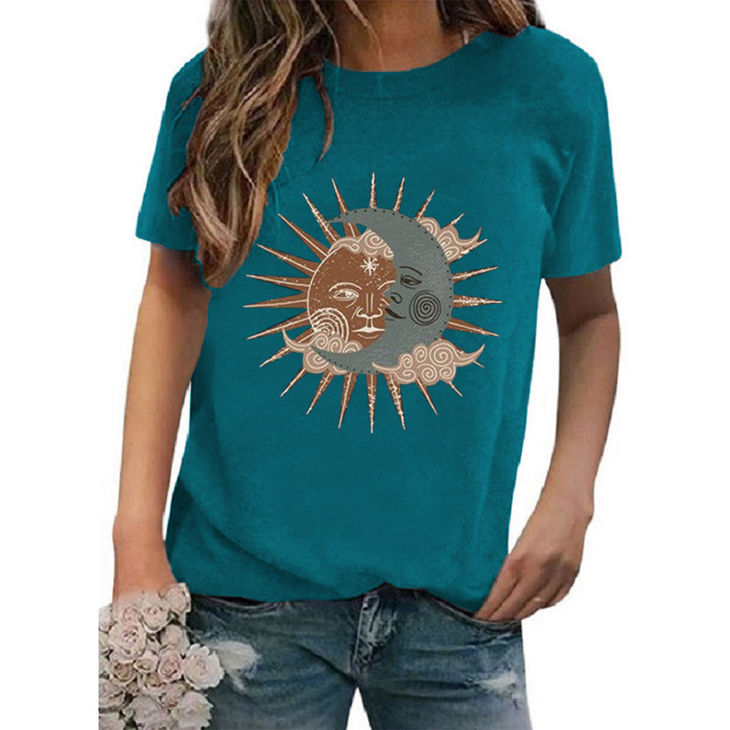 Femmes T-shirt Manche Courte T-shirts Impression Décontractée Style Vintage Soleil Lune display picture 3
