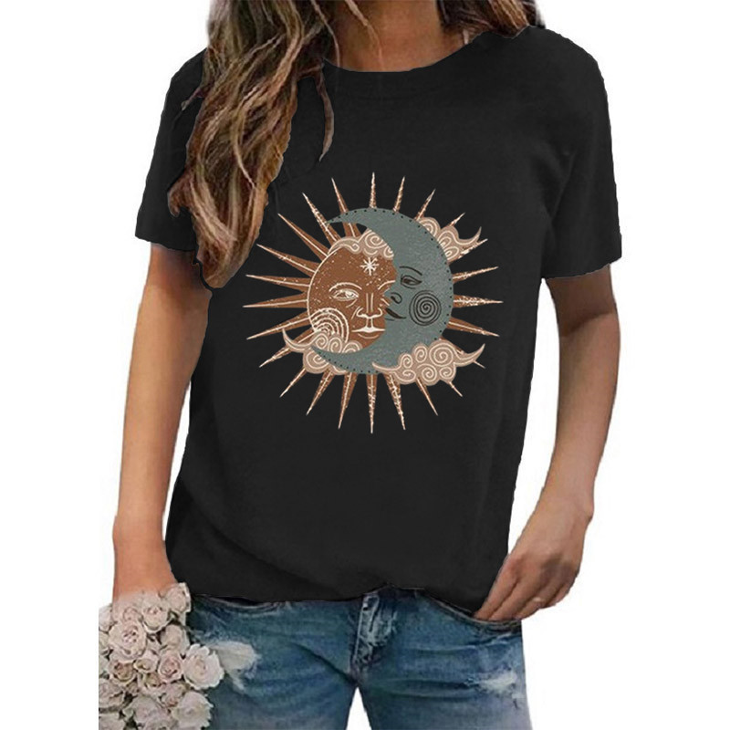 Femmes T-shirt Manche Courte T-shirts Impression Décontractée Style Vintage Soleil Lune display picture 8