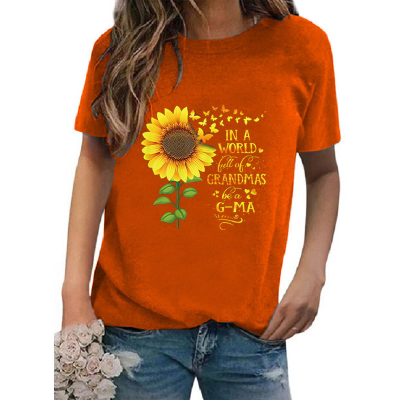 Frau T-shirt Kurzarm T-shirts Drucken Lässig Sonnenblume Brief Schmetterling display picture 5