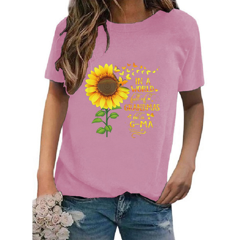 Frau T-shirt Kurzarm T-shirts Drucken Lässig Sonnenblume Brief Schmetterling display picture 6