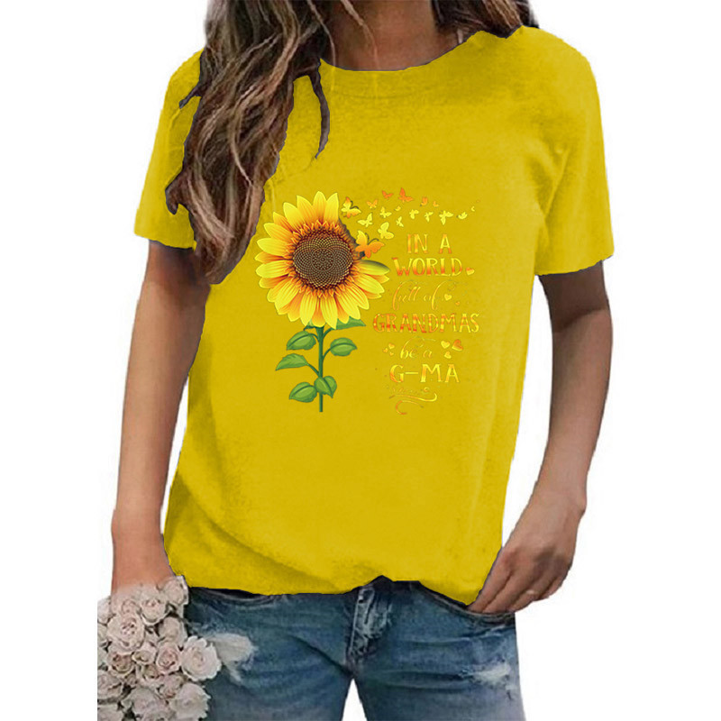 Frau T-shirt Kurzarm T-shirts Drucken Lässig Sonnenblume Brief Schmetterling display picture 9