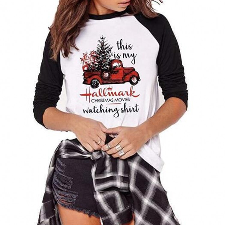 Women's T-shirt Long Sleeve T-shirts Printing Christmas Christmas Tree Letter Car display picture 1