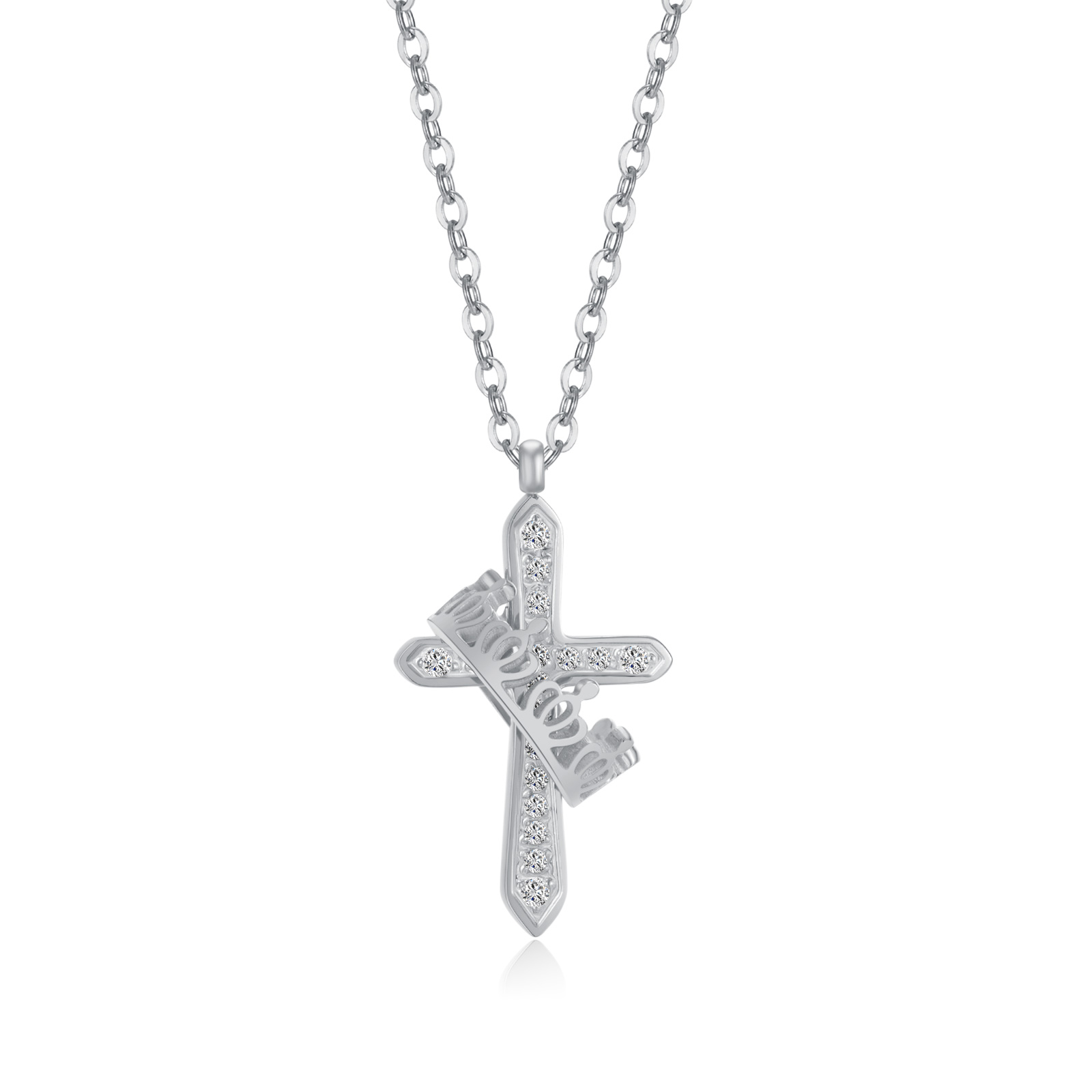 304 Stainless Steel Elegant French Style Cross Crown Pendant Necklace display picture 1