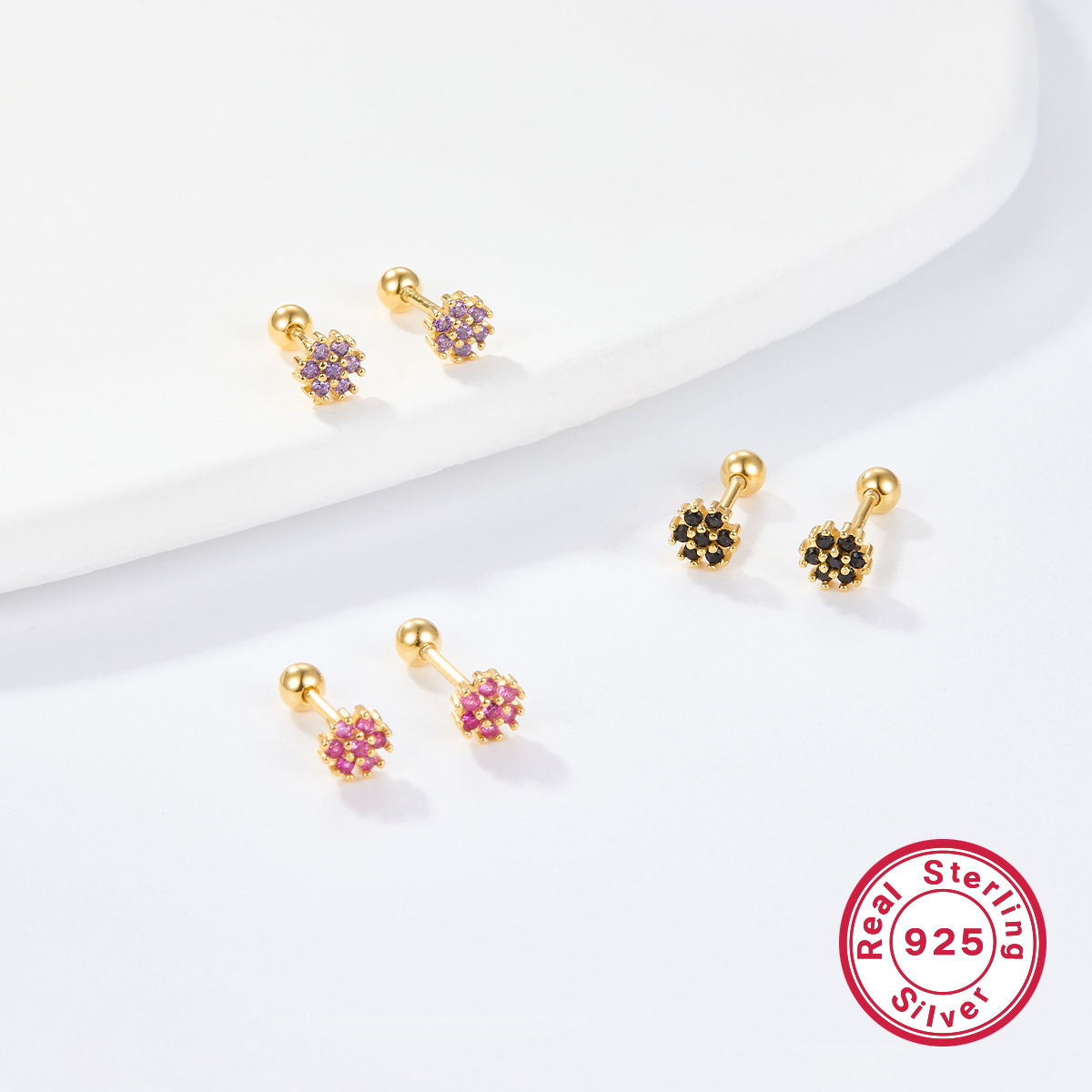 1 Pair Lady Flower Inlay Sterling Silver Zircon 18k Gold Plated White Gold Plated Ear Studs display picture 11