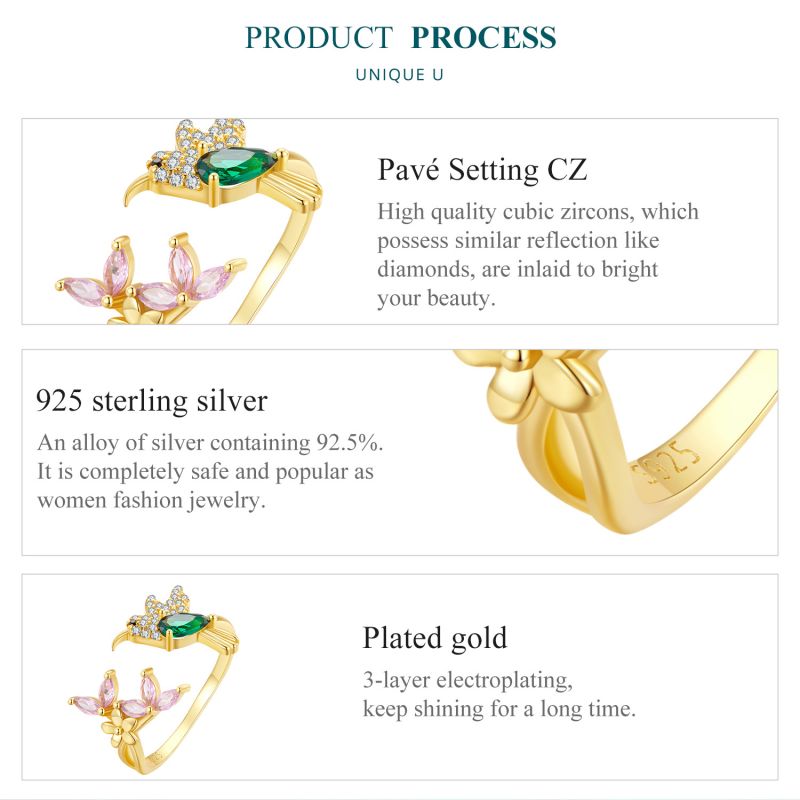 Cute Bird Sterling Silver Enamel Plating Inlay Zircon Gold Plated Platinum Plated Open Rings display picture 5