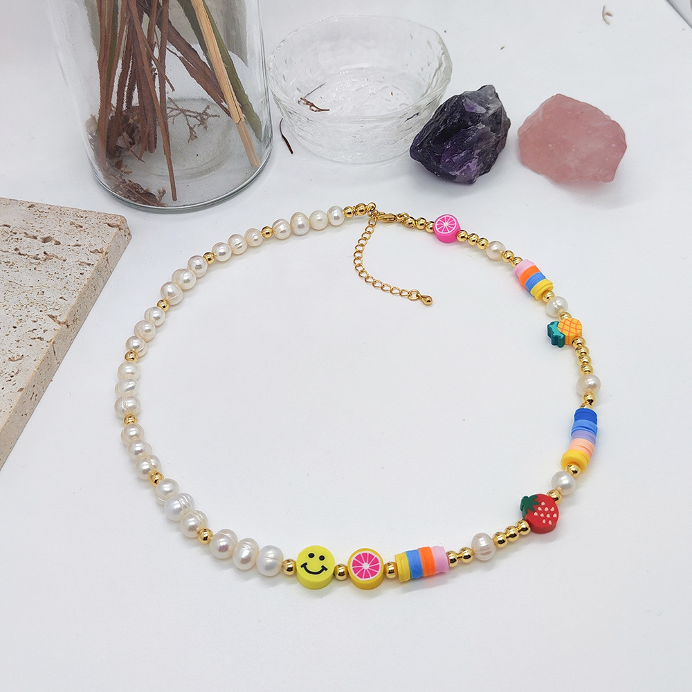 Ig Style Letter Fruit Freshwater Pearl Soft Clay Copper Beaded Knitting Plating 18k Gold Plated Necklace display picture 3