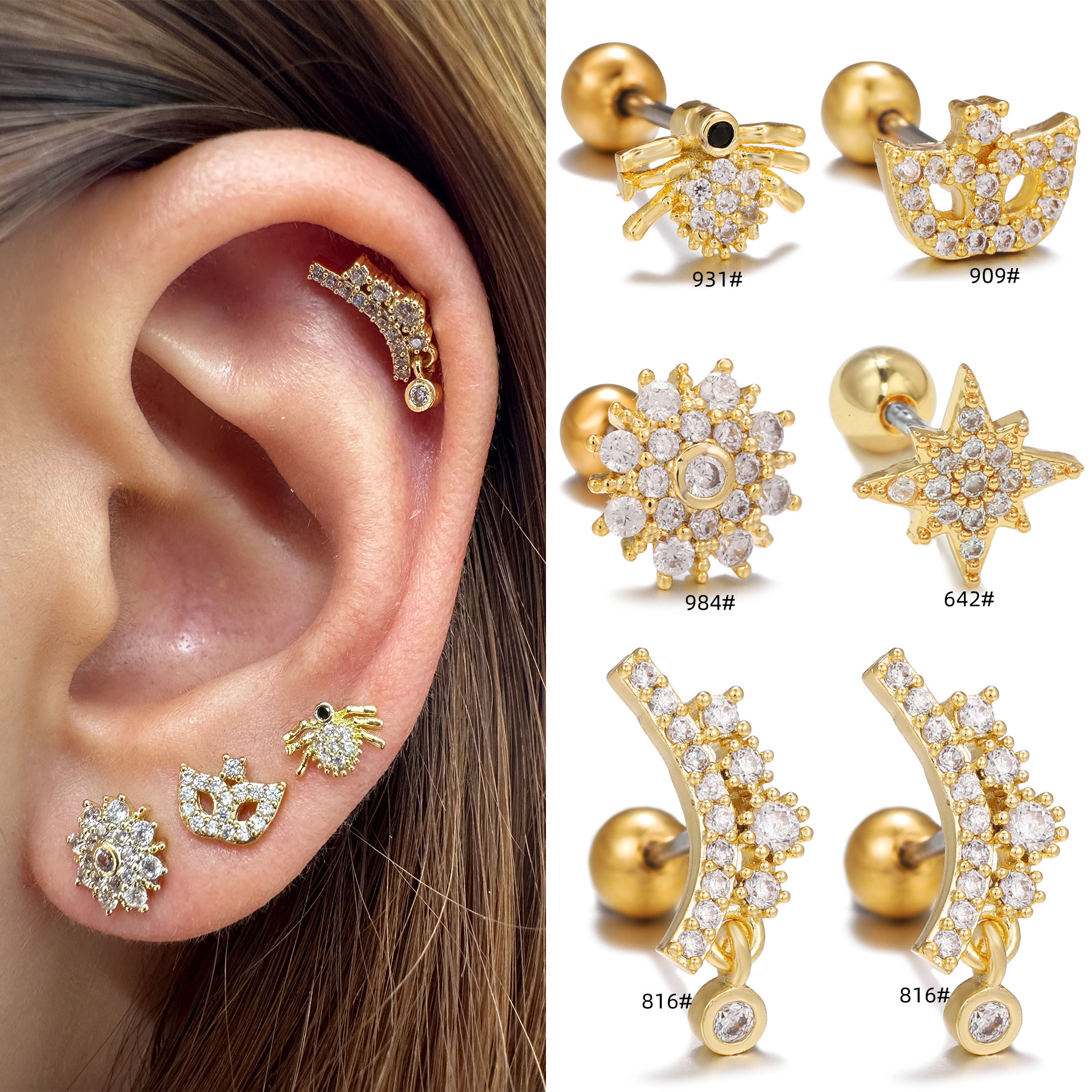 1 Piece Ig Style Simple Style Star Flower Plating Inlay Brass Zircon 18k Gold Plated White Gold Plated Cartilage Earrings display picture 1