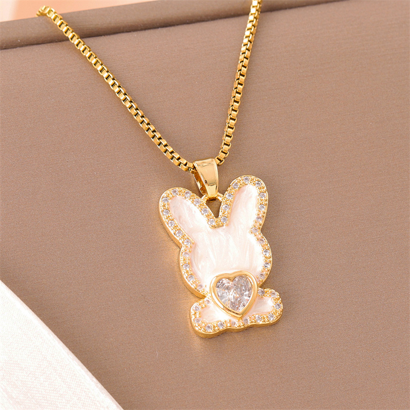 201 Stainless Steel 18K Gold Plated Sweet Enamel Plating Inlay Cross Little Bear Flower Artificial Diamond Pendant Necklace display picture 9