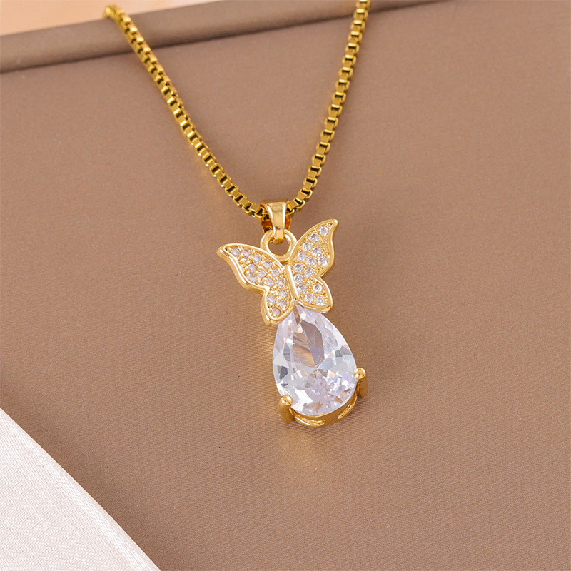 201 Stainless Steel 18K Gold Plated Sweet Enamel Plating Inlay Cross Little Bear Flower Artificial Diamond Pendant Necklace display picture 29