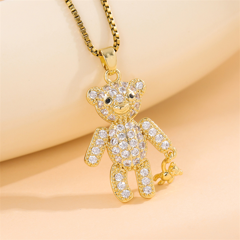 201 Stainless Steel 18K Gold Plated Sweet Enamel Plating Inlay Cross Little Bear Flower Artificial Diamond Pendant Necklace display picture 7