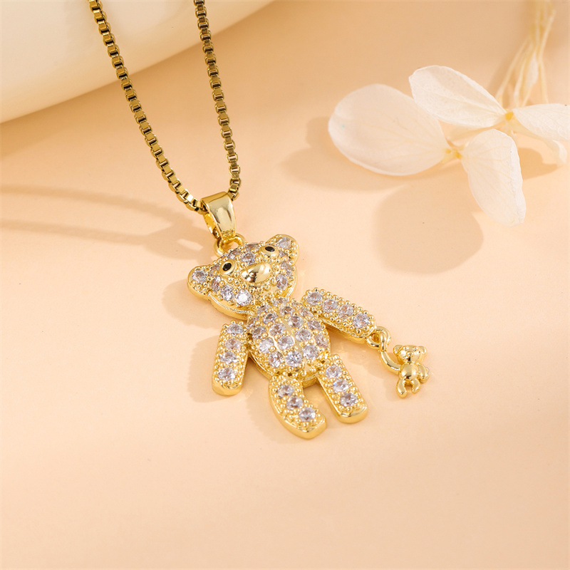 201 Stainless Steel 18K Gold Plated Sweet Enamel Plating Inlay Cross Little Bear Flower Artificial Diamond Pendant Necklace display picture 6
