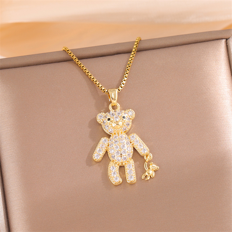 201 Stainless Steel 18K Gold Plated Sweet Enamel Plating Inlay Cross Little Bear Flower Artificial Diamond Pendant Necklace display picture 8