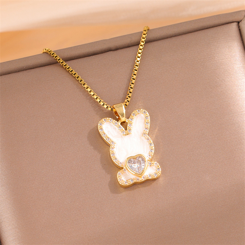 201 Stainless Steel 18K Gold Plated Sweet Enamel Plating Inlay Cross Little Bear Flower Artificial Diamond Pendant Necklace display picture 12