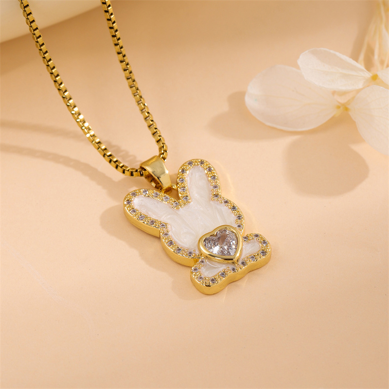 201 Stainless Steel 18K Gold Plated Sweet Enamel Plating Inlay Cross Little Bear Flower Artificial Diamond Pendant Necklace display picture 11