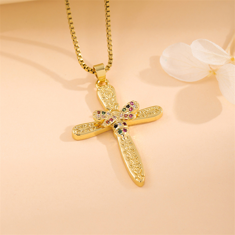 201 Stainless Steel 18K Gold Plated Sweet Enamel Plating Inlay Cross Little Bear Flower Artificial Diamond Pendant Necklace display picture 20