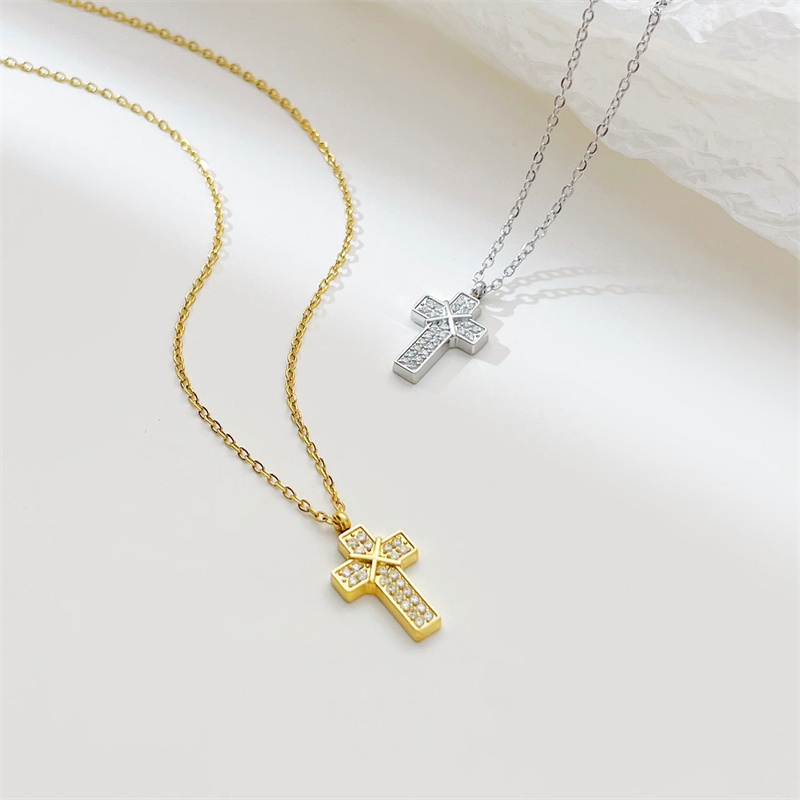 Punk Streetwear Cross Stainless Steel White Gold Plated Gold Plated Zircon Pendant Necklace In Bulk display picture 3