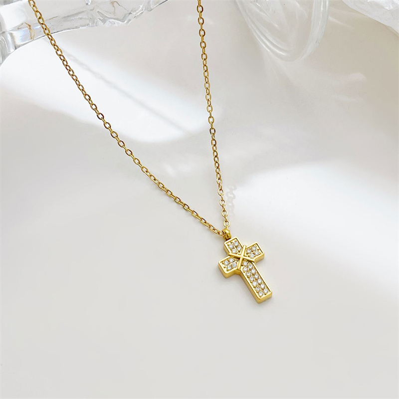 Punk Streetwear Cross Stainless Steel White Gold Plated Gold Plated Zircon Pendant Necklace In Bulk display picture 2