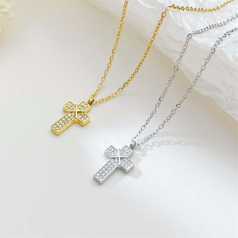 Punk Streetwear Cross Stainless Steel White Gold Plated Gold Plated Zircon Pendant Necklace In Bulk display picture 5