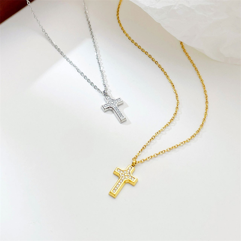 Simple Style Commute Cross Stainless Steel White Gold Plated Gold Plated Zircon Pendant Necklace In Bulk display picture 2