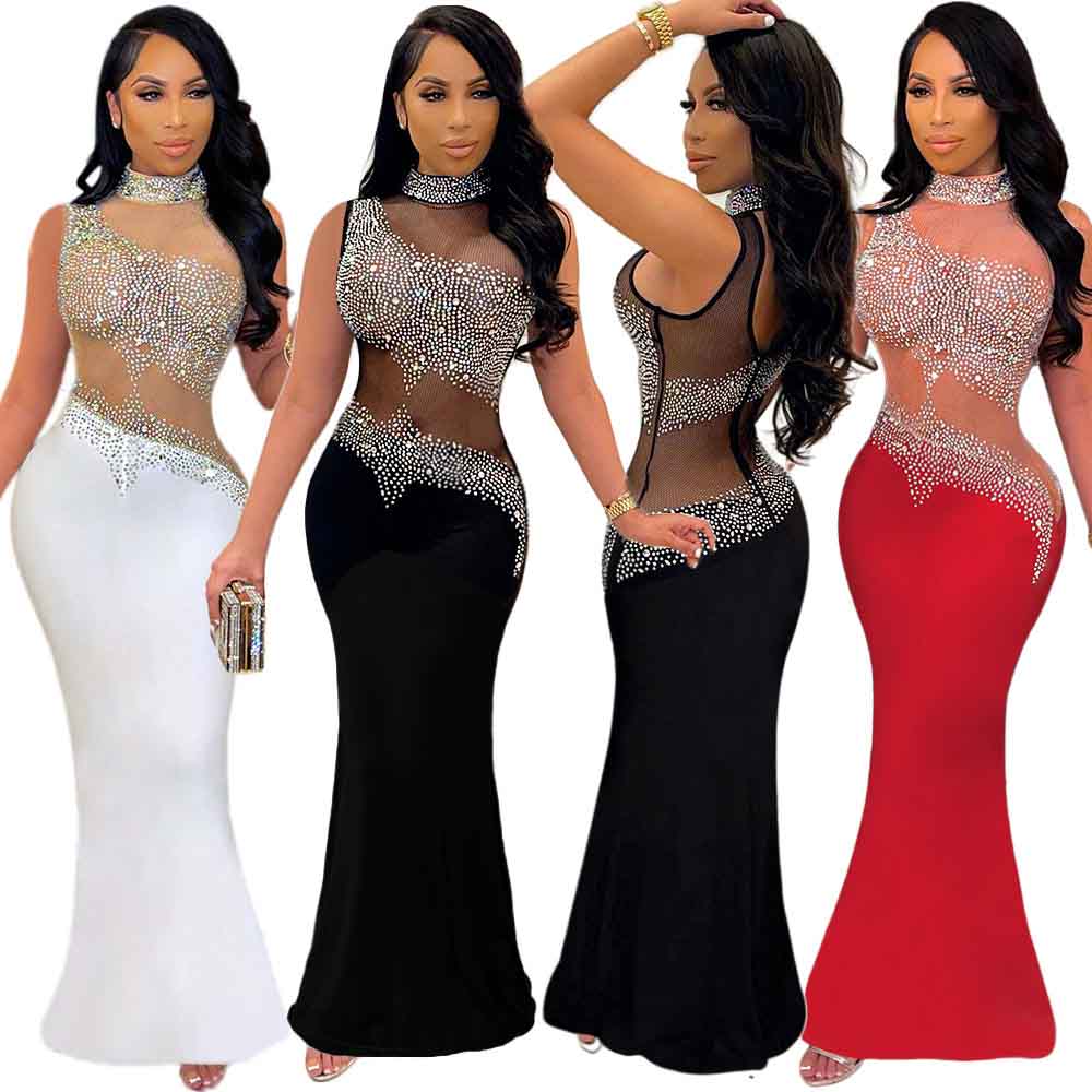 Women's Party Dress Sexy High Neck See-through Diamond Backless Sleeveless Solid Color Maxi Long Dress Banquet Party display picture 1