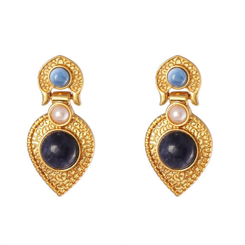 1 Pair Retro Water Droplets Plating Inlay Alloy Natural Stone 18k Gold Plated Drop Earrings display picture 1