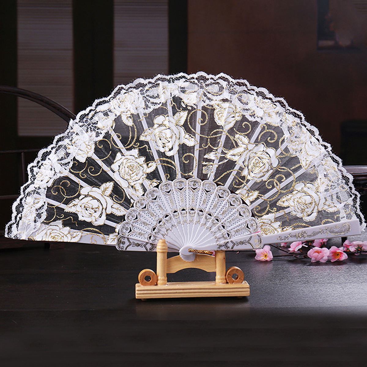 Single Bronzing Large Flower Portable Folding Fan Dance Fan Decorative Fan display picture 12