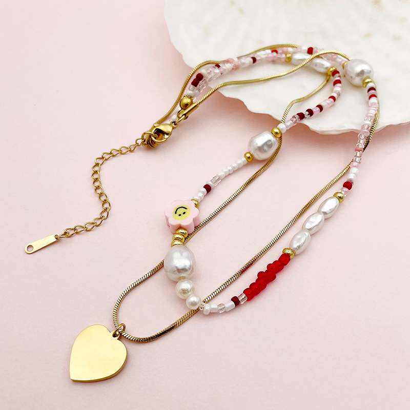 304 Stainless Steel Artificial Crystal Soft Clay Gold Plated Elegant Sweet Beaded Enamel Plating Heart Shape Pearl Beads Double Layer Necklaces display picture 2