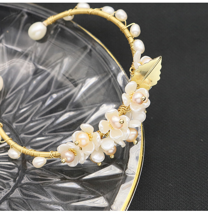 Retro Leaves Flower Freshwater Pearl Sterling Silver Plating 18k Gold Plated Bangle display picture 2