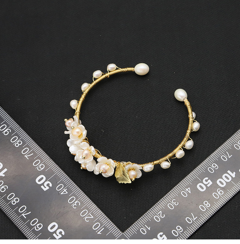 Retro Leaves Flower Freshwater Pearl Sterling Silver Plating 18k Gold Plated Bangle display picture 3