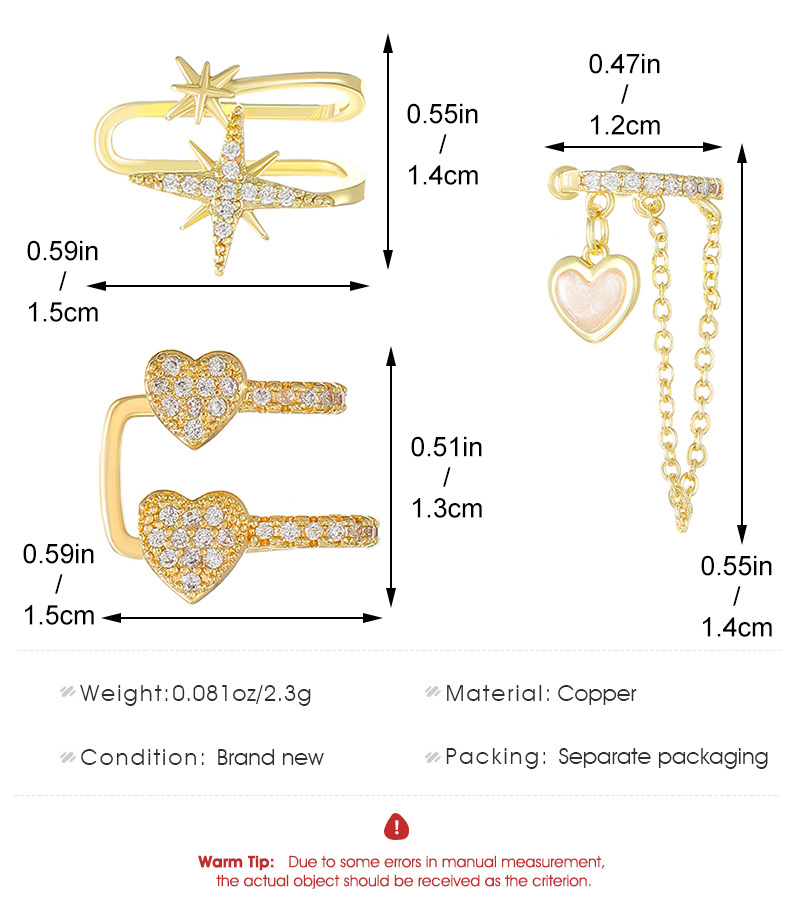 1 Piece Simple Style Star Plating Inlay Copper Rhinestones 14k Gold Plated Silver Plated Ear Cuffs display picture 1