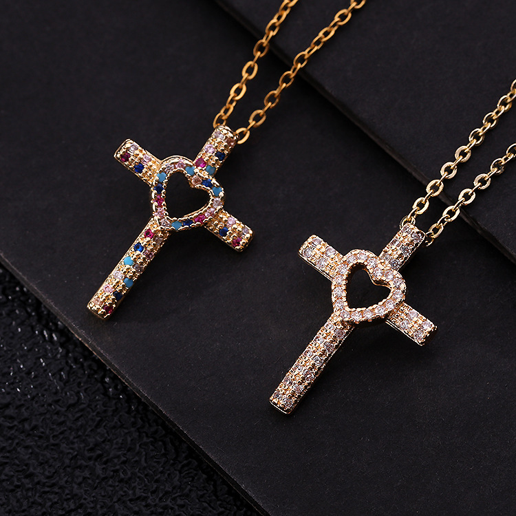 Cool Style Shiny Cross Heart Shape Copper Plating Hollow Out Inlay Zircon Pendant Necklace display picture 1
