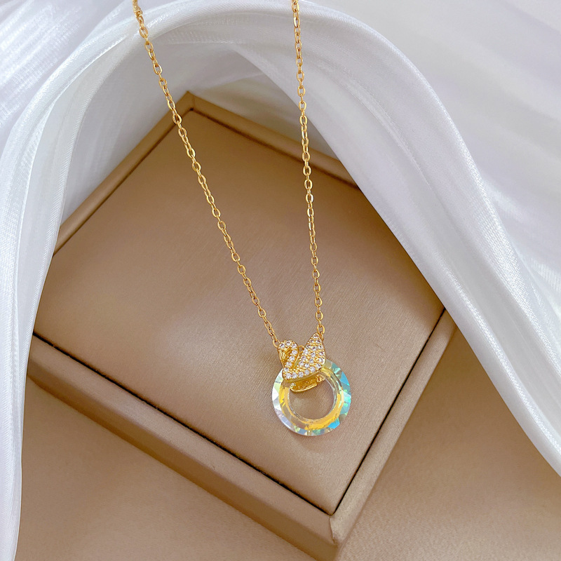 Titanium Steel Copper IG Style Inlay Round Swan Artificial Gemstones Rhinestones Pendant Necklace display picture 5