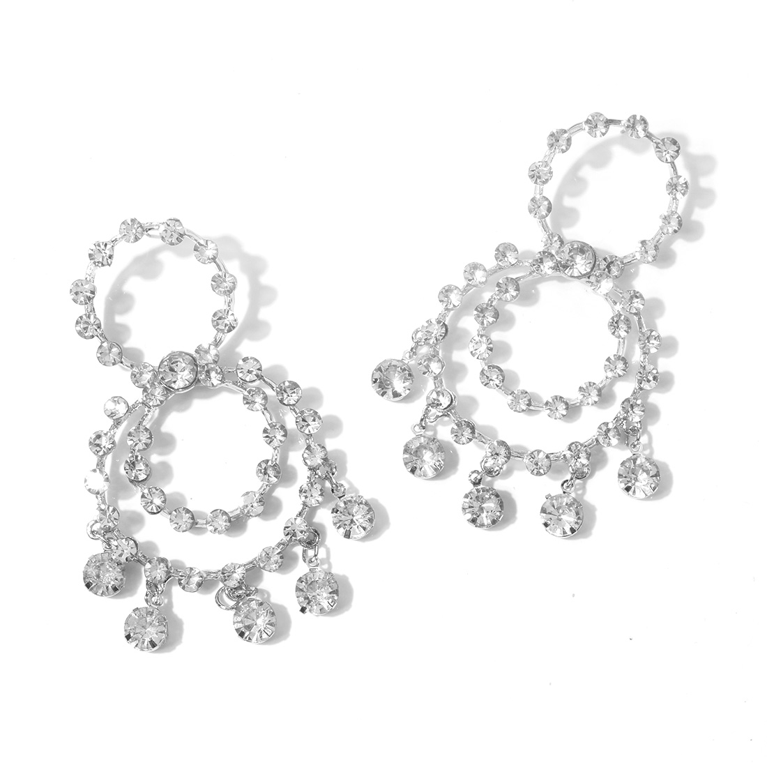 1 Pair Elegant Streetwear Double Ring Water Droplets Tassel Inlay Alloy Artificial Crystal Drop Earrings display picture 3