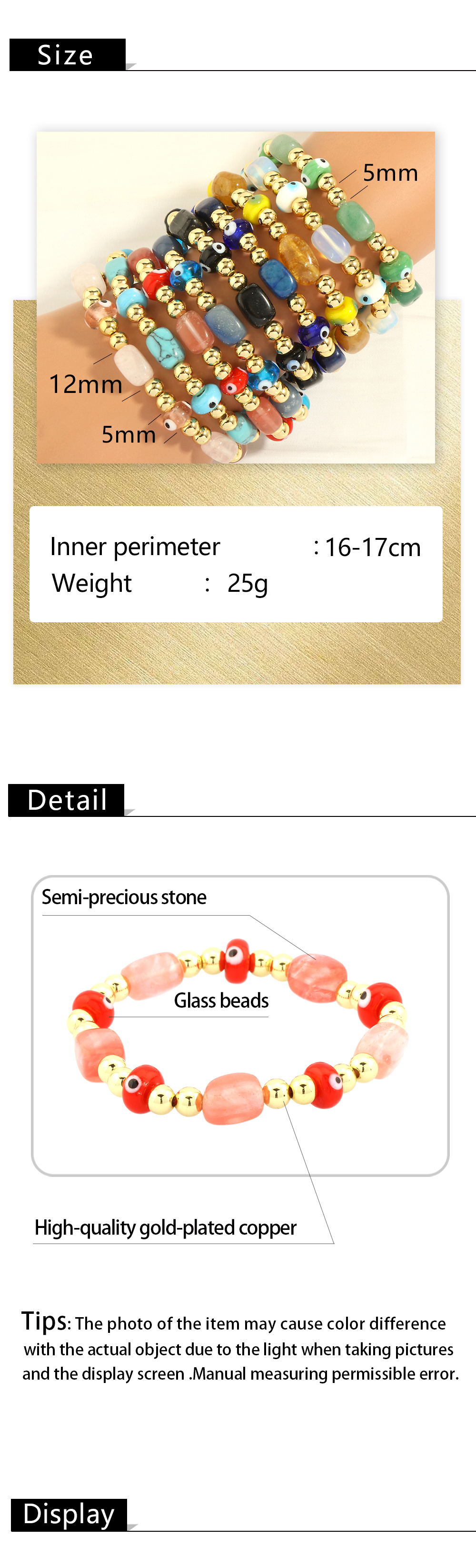 Einfacher Stil Auge Künstliche Edelsteine Glas Perlen Handgemacht 18 Karat Vergoldet Frau Armbänder display picture 1