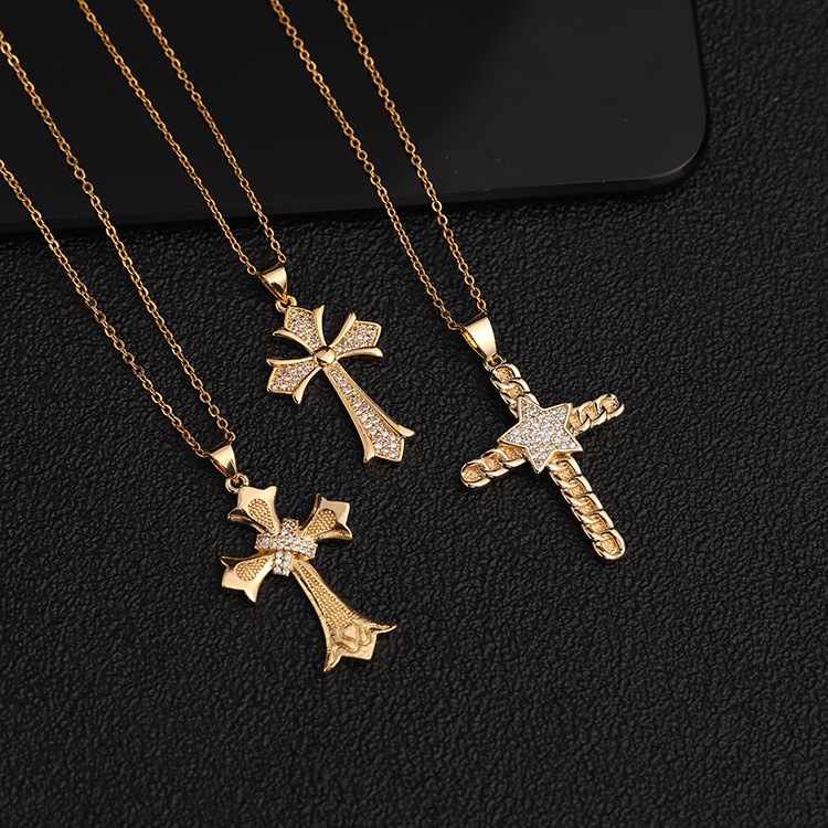 Basic Modern Style Cross Copper Plating Inlay Zircon Pendant Necklace display picture 3